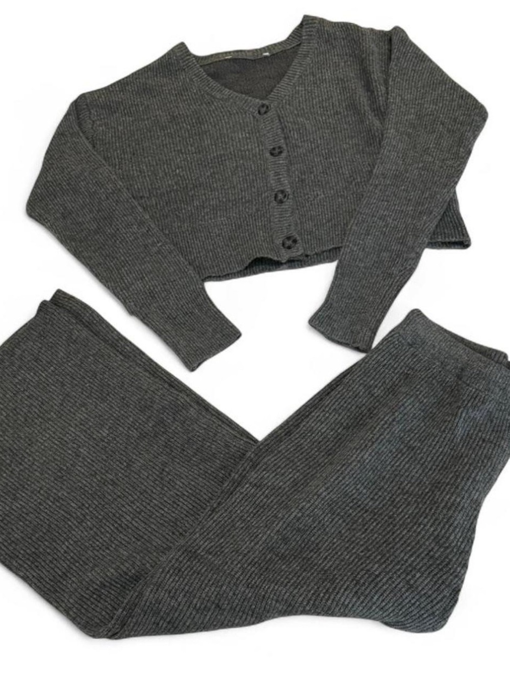 Charcoal Ribbed Knit Two-Piece Set - Cropped Cardigan & Skirt